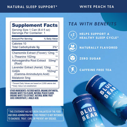 Blue Bear Melatonin Sleep Drink – White Peach Tea with 5 mg Melatonin, Caffeine-Free, Zero Sugar, 8.4 fl oz (12-Pack)