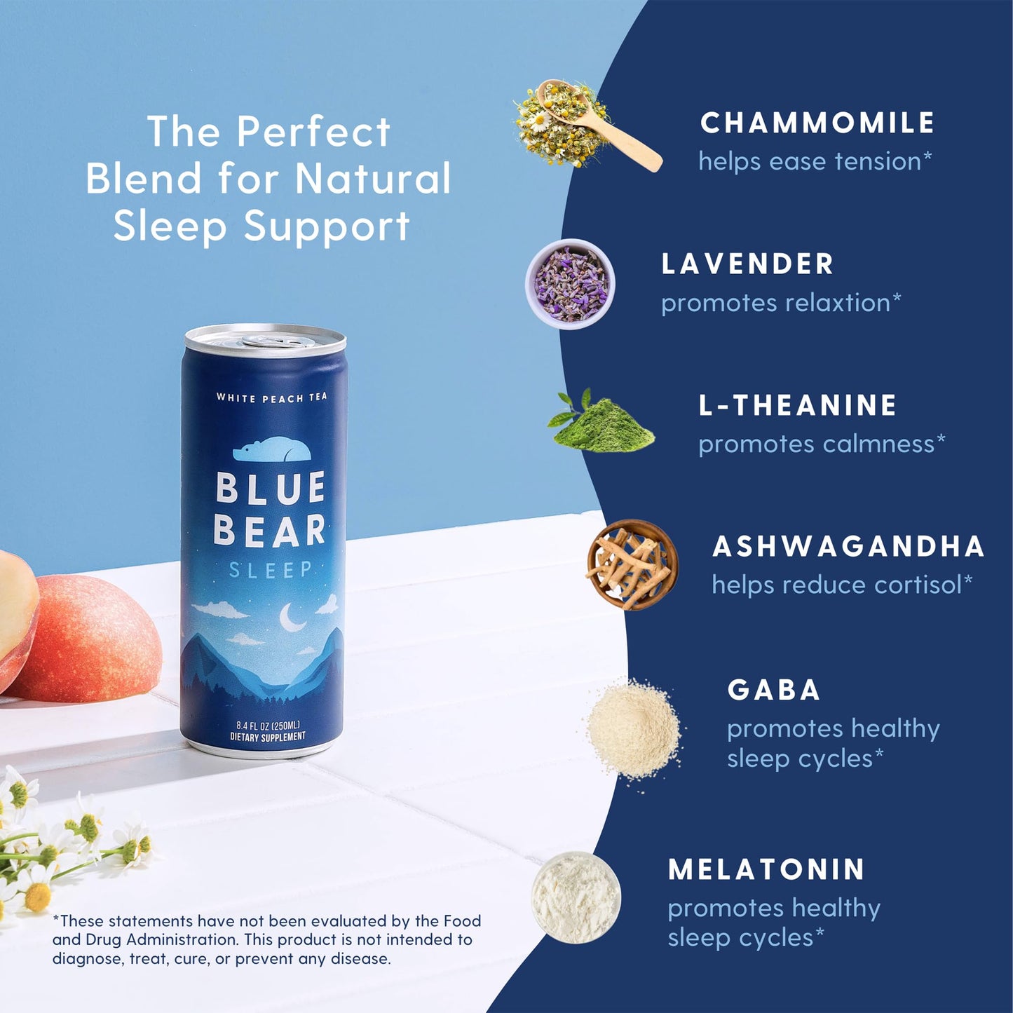 Blue Bear Melatonin Sleep Drink – White Peach Tea with 5 mg Melatonin, Caffeine-Free, Zero Sugar, 8.4 fl oz (12-Pack)