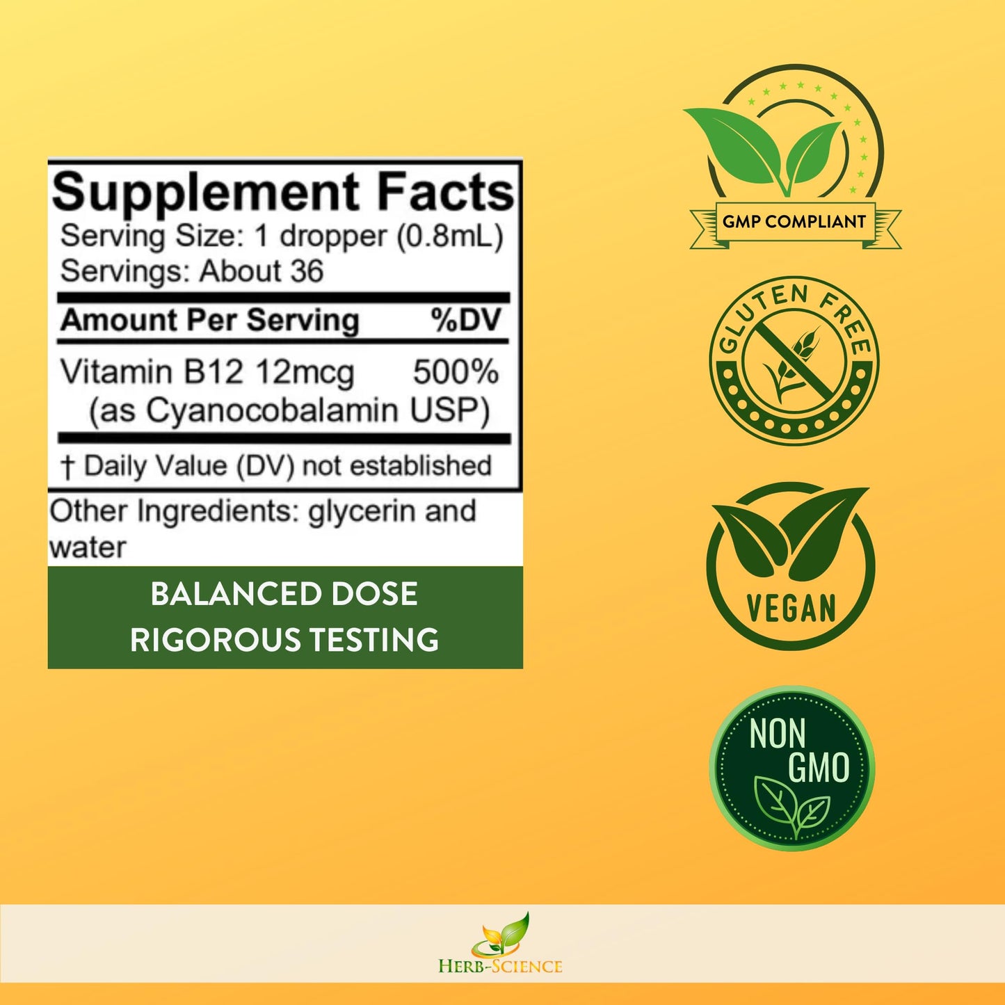 Herb-Science Liquid Vitamin B12 – Cold-Pressed, Vegan Sublingual Drops (1 oz)