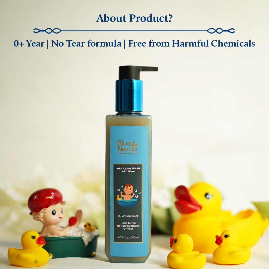 Blue Nectar Baby Wash with Organic Ghee – Gentle Tear-Free Bath for Babies & Kids (6.76 Fl Oz, 9 Herbs)