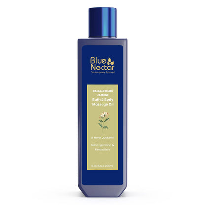 Blue Nectar Sensuous Jasmine Body Massage Oil – Relaxing Ayurvedic Massage Oil with Essential Oils (6.76 fl oz, 8 herbs)