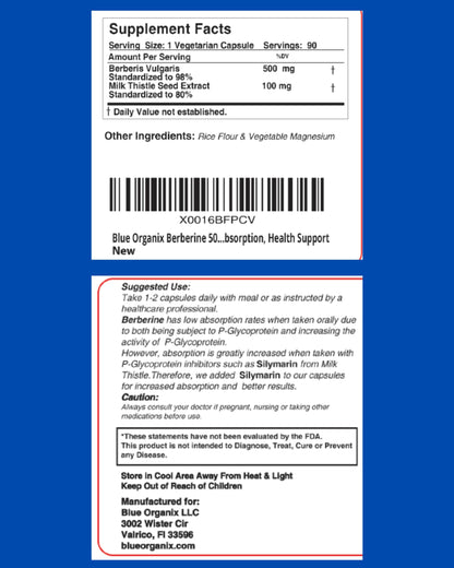 Blue Organix Berberine with Milk Thistle 500mg – HCL Complex Supplement, 90 Vegetarian Capsules