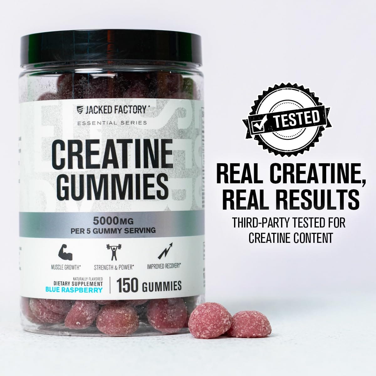 Jacked Factory Creatine Gummies – 5g Daily Dose (1g per Gummy) – Vegan, Third-Party Tested, 150 Gummies, Blue Raspberry