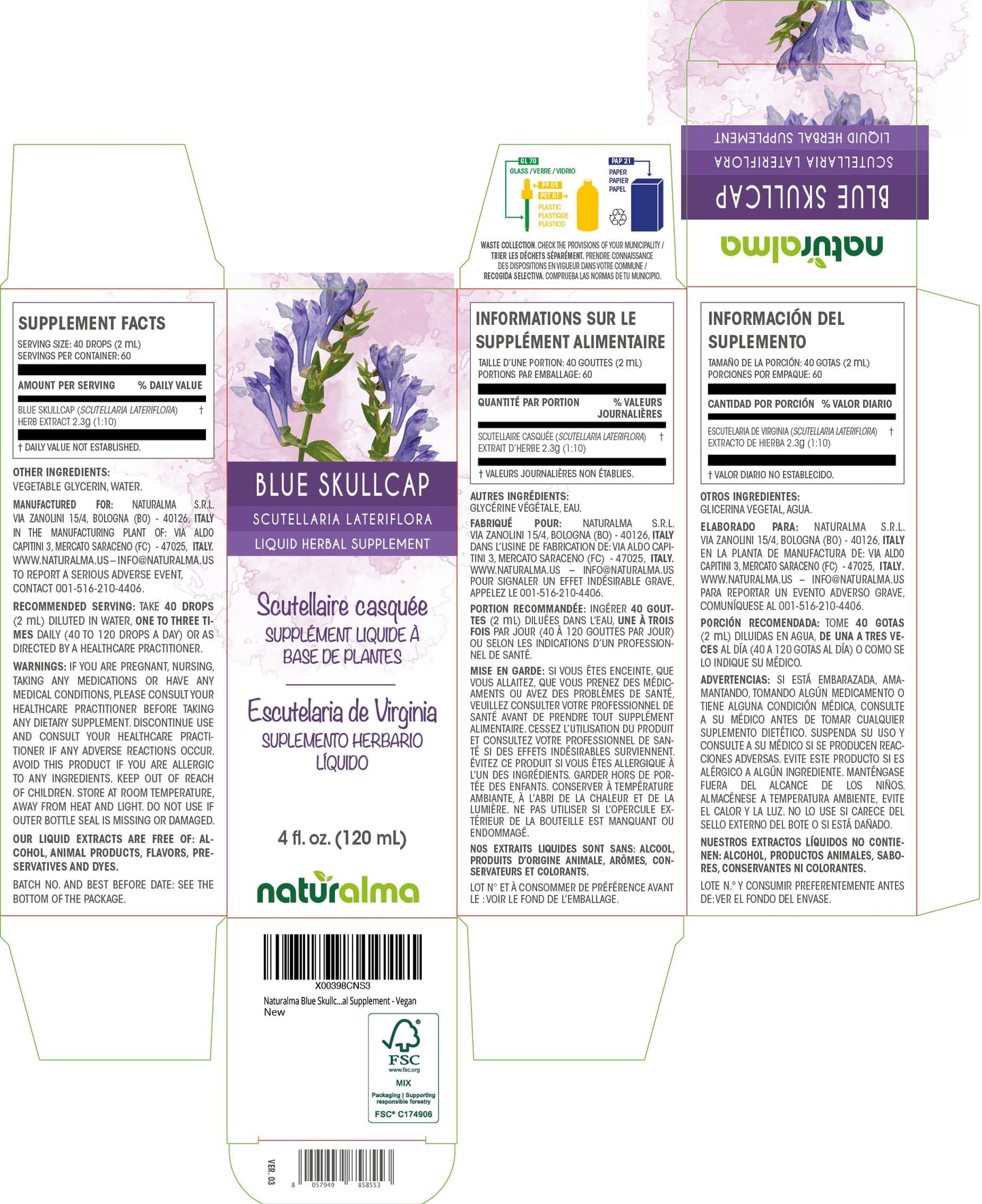 Naturalma Blue Skullcap Liquid Extract (1:10) – Alcohol-Free, Vegan, 4 fl oz