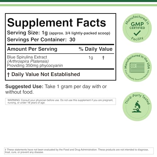 Blue Spirulina Powder - 35% Phycocyanin | Double Wood (One Month Supply)