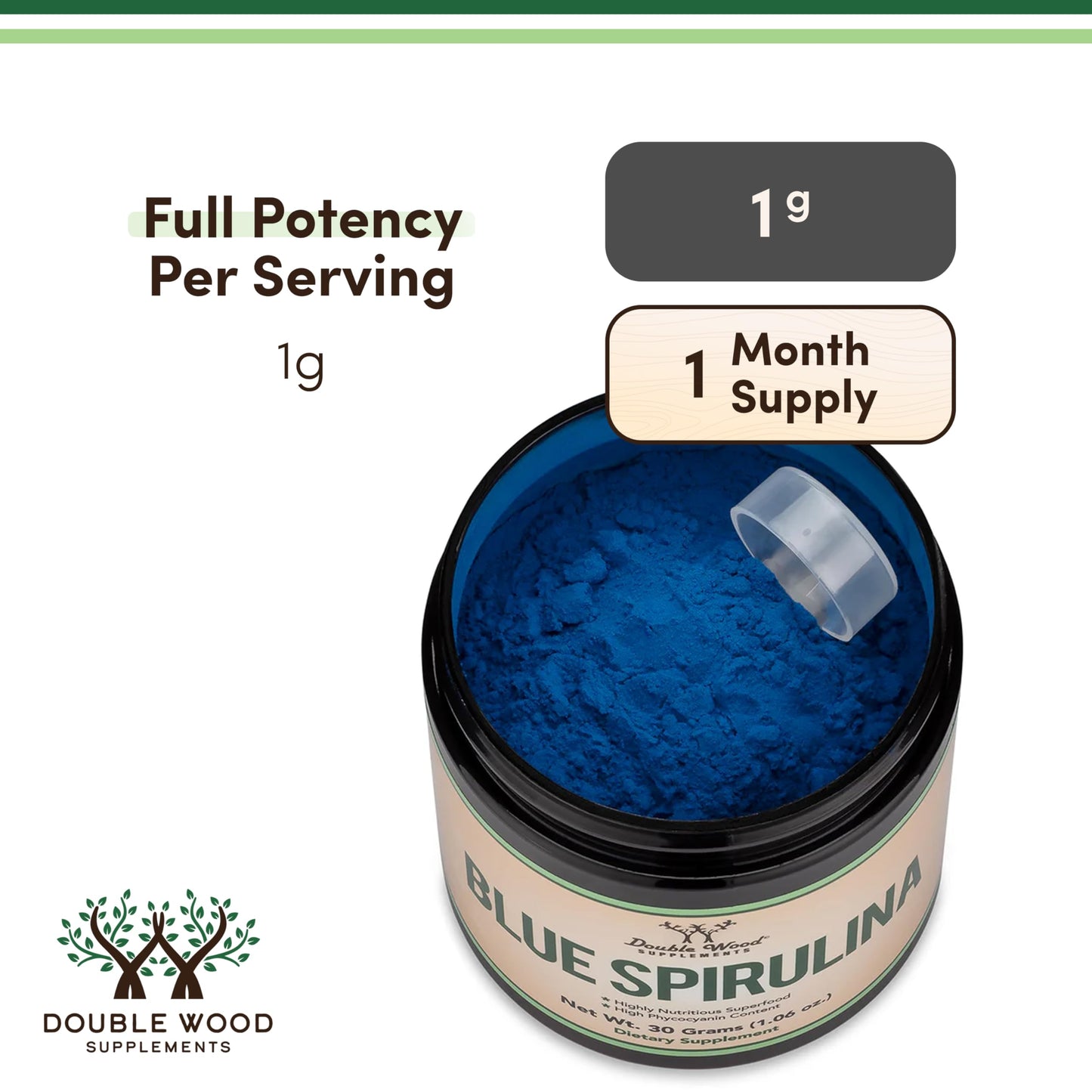 Blue Spirulina Powder - 35% Phycocyanin | Double Wood (One Month Supply)