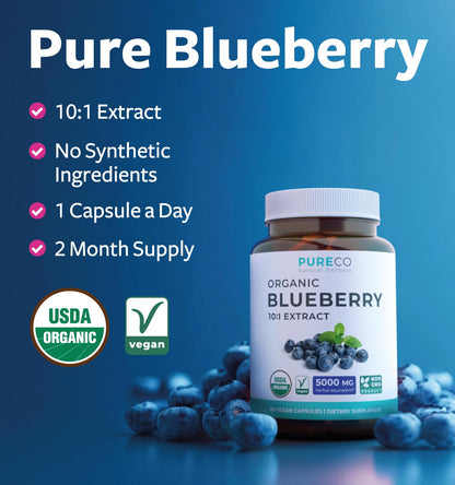 Certified Organic Blueberry Extract Capsules - 10:1 Potency, 2 Month Supply | Vegan, Non-GMO