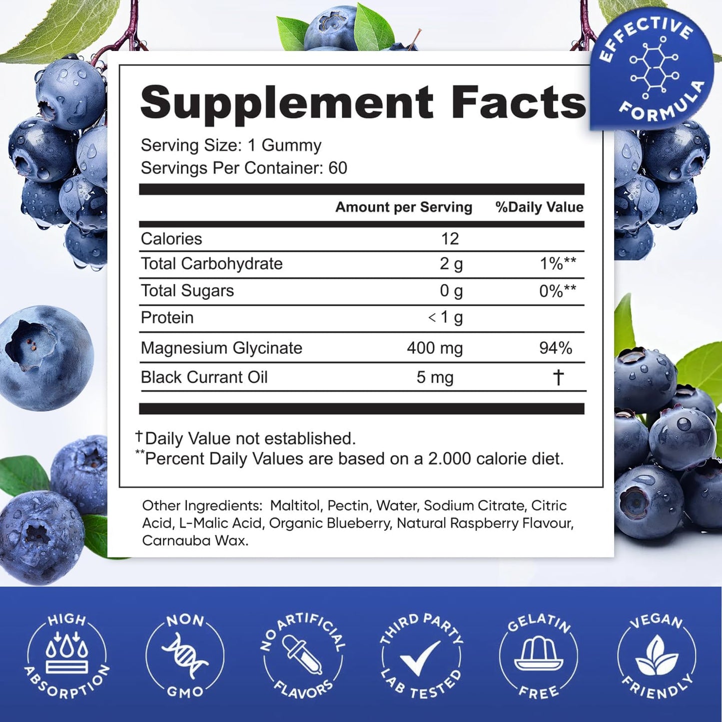 Blueberry Magnesium Glycinate Gummies 400mg – Sugar Free, Gelatin Free, Vegan, 60 Day Supply