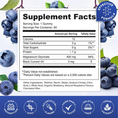 Blueberry Magnesium Glycinate Gummies 400mg – Sugar Free, Gelatin Free, Vegan, 60 Day Supply