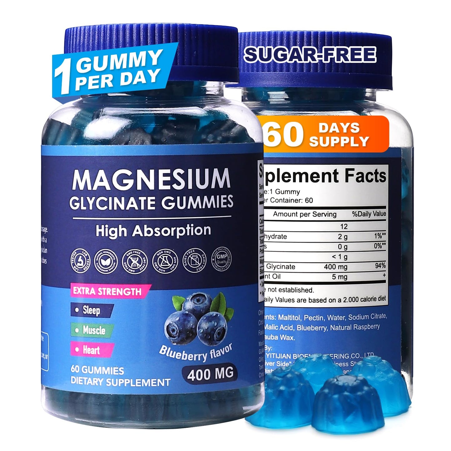 Blueberry Magnesium Glycinate Gummies 400mg – Sugar Free, Gelatin Free, Vegan, 60 Day Supply
