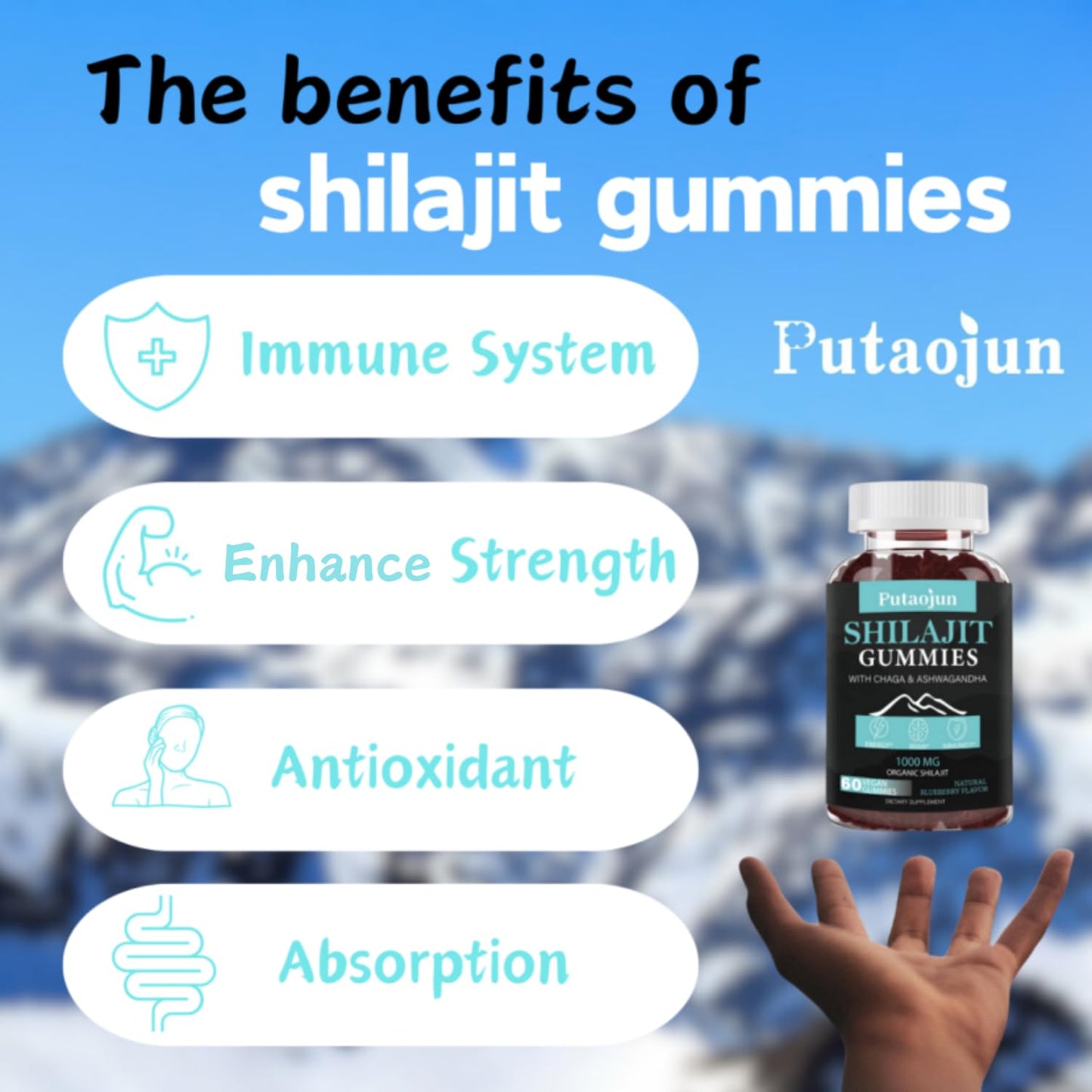 Putaojun Himalayan Gold Shilajit Gummies – 1000mg Shilajit, Ashwagandha, Chaga & Ginseng (For Men, Women & Kids)