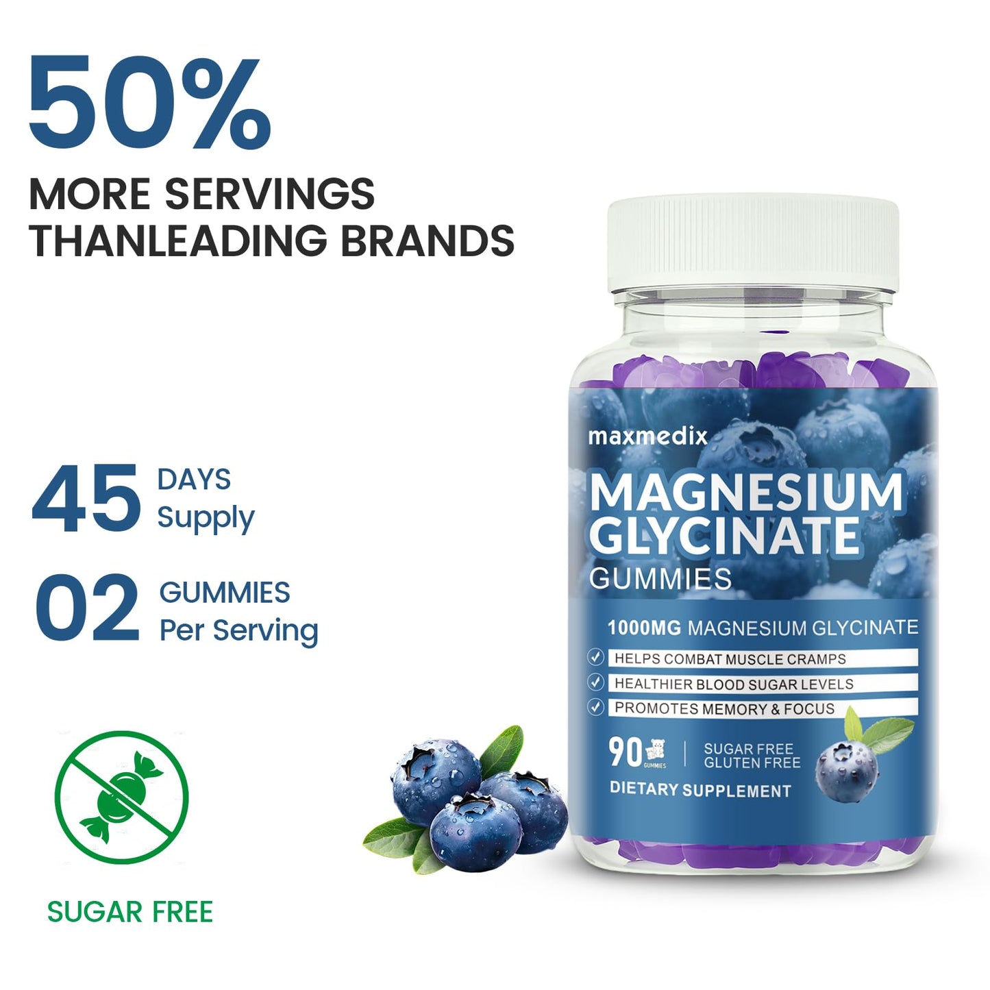 Magnesium Glycinate Gummies 1000mg — Sugar Free Potassium Magnesium Chewables (90 Gummies) with L-Threonate