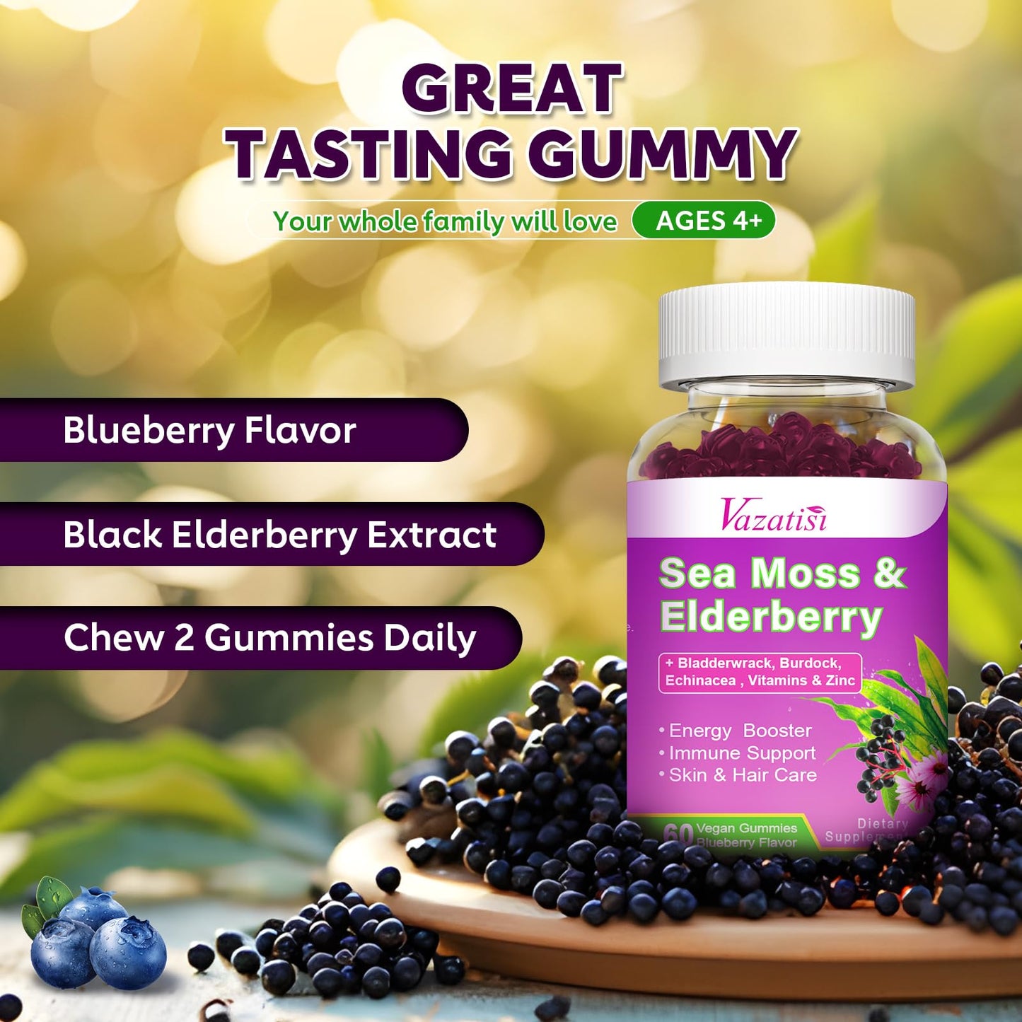 2 Pack Elderberry Gummies with Sea Moss – Extra Strength Immune Support, Vitamin C & Zinc, Blueberry Flavor, 120 Count
