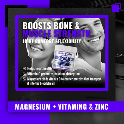 Sugar-Free Vitamin D3 K2 Gummies with Calcium + Magnesium (Vegan, 60 Count) – Blueberry