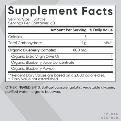 Sports Research Blueberry Capsules – Organic Blueberries with Organic Extra Virgin Olive Oil, Non-GMO & Gluten Free, 60 Liquid Softgels