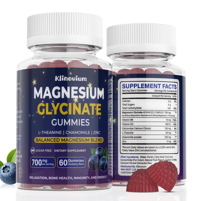 700mg Magnesium Glycinate Gummies – Highly Absorbed Sugar-Free Magnesium with L-Theanine & B6 (Blueberry)