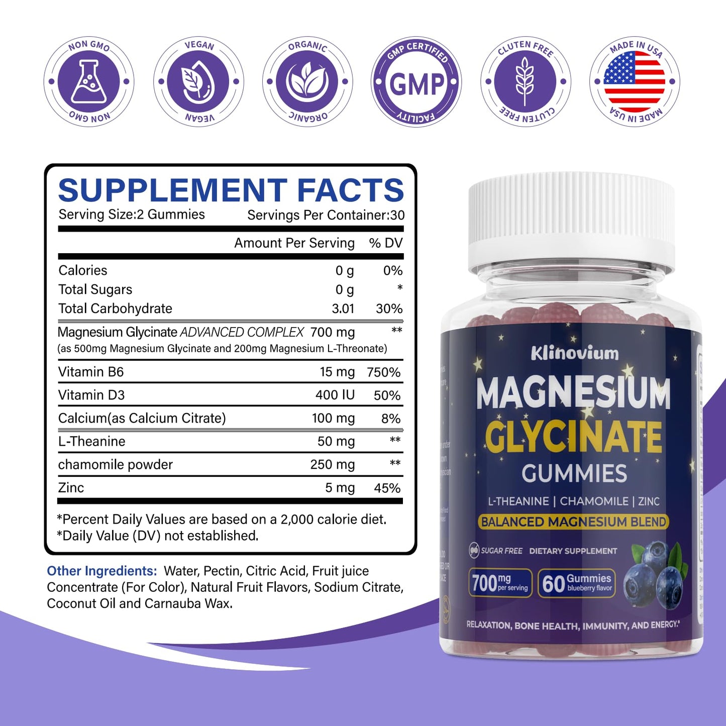 700mg Magnesium Glycinate Gummies – Highly Absorbed Sugar-Free Magnesium with L-Theanine & B6 (Blueberry)
