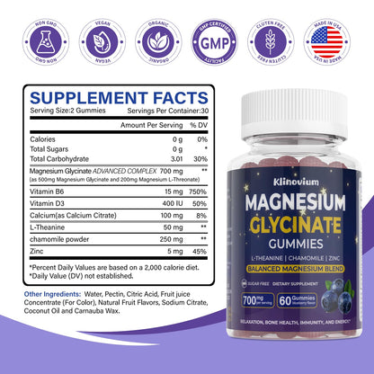 700mg Magnesium Glycinate Gummies – Highly Absorbed Sugar-Free Magnesium with L-Theanine & B6 (Blueberry)