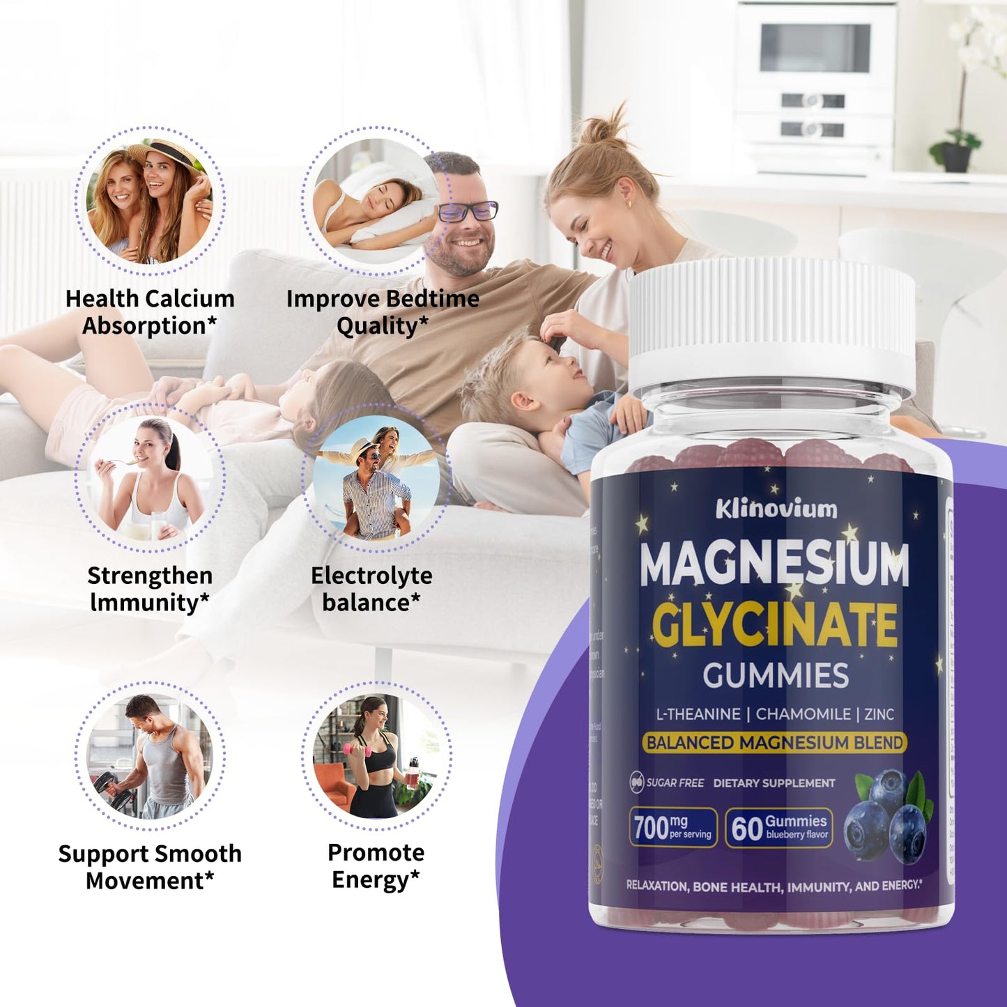 700mg Magnesium Glycinate Gummies – Highly Absorbed Sugar-Free Magnesium with L-Theanine & B6 (Blueberry)