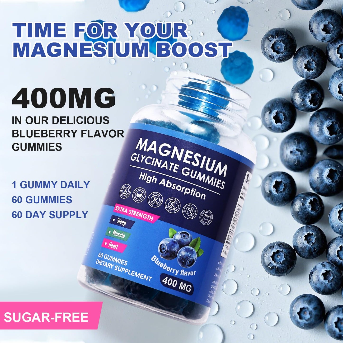 Blueberry Magnesium Glycinate Gummies 400mg – Sugar Free, Gelatin Free, Vegan, 60 Day Supply