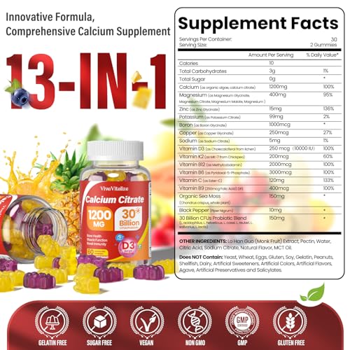 13-in-1 Calcium Citrate Gummies – 1200 mg with D3, K2, Mg & Zn | 60 Gummies