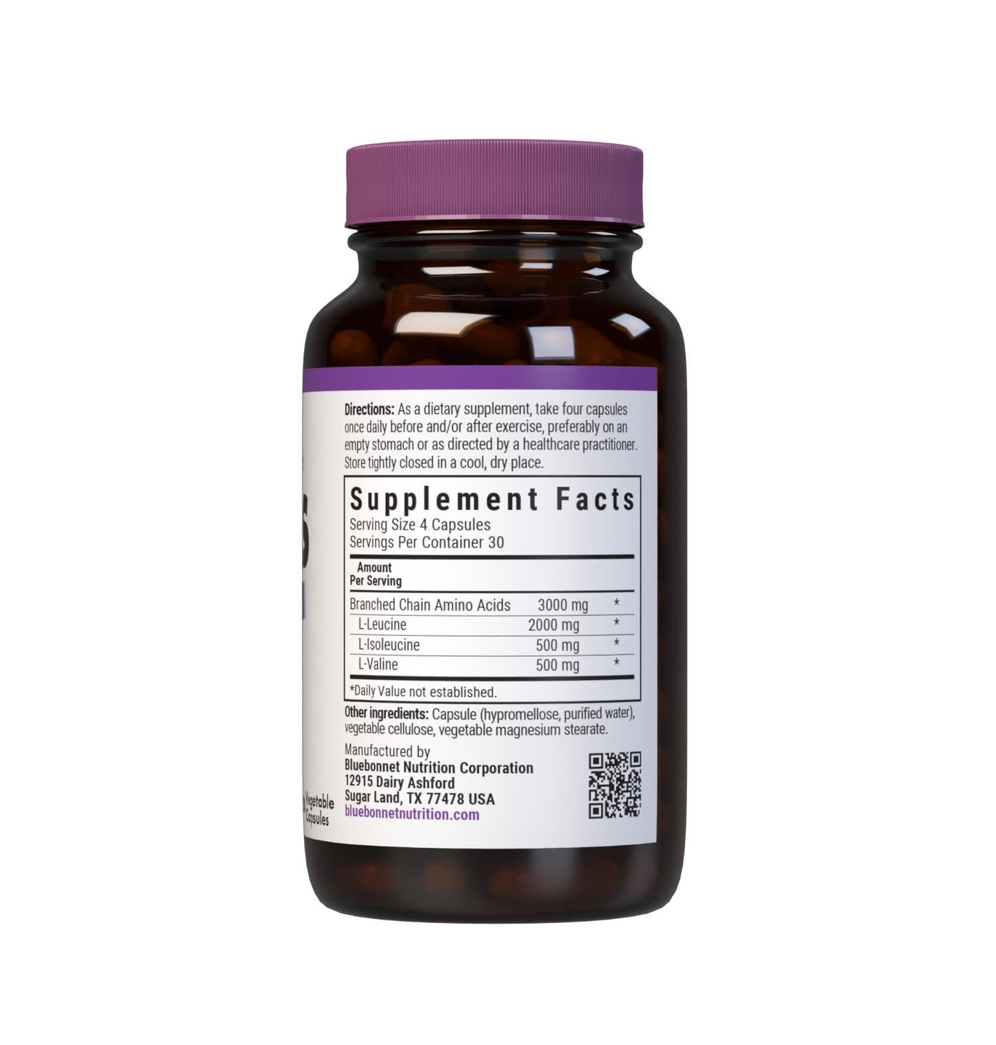 Bluebonnet BCAAs 4:1:1 Ratio - Vegan, Non-GMO, Kosher - 120 Veg Capsules | 30 Servings