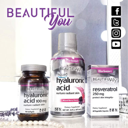 Bluebonnet Beautiful Ally Hyaluronic Acid 100 mg Softgels – 90 Servings, Non-GMO, Gluten-Free