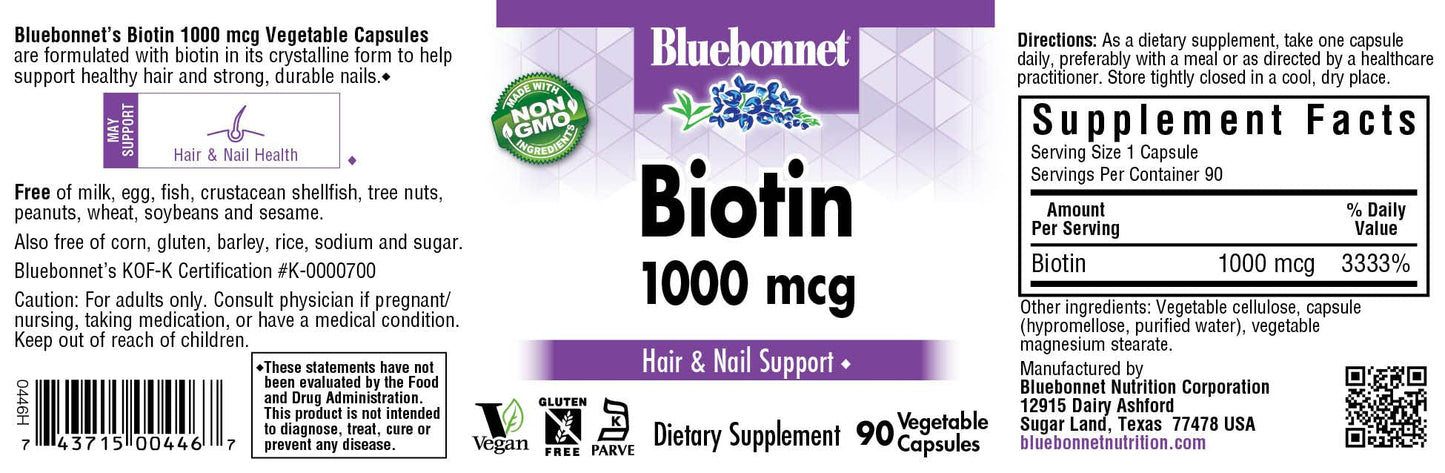 Bluebonnet Biotin 1000 mcg Veg Capsules – Vegan, Non-GMO, Kosher