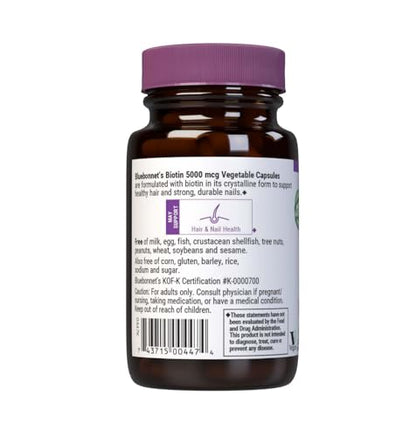 Bluebonnet Biotin 5000 mcg - Hair & Nail Support, 60 Veg Capsules