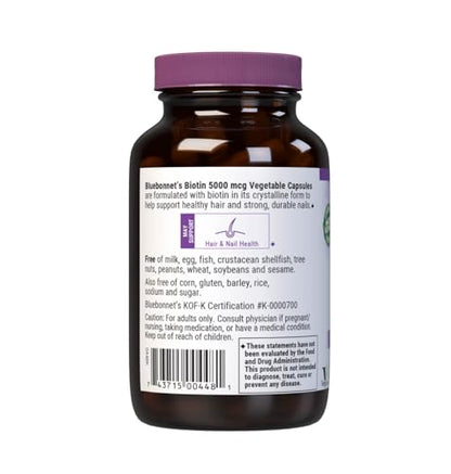 Bluebonnet Nutrition Biotin 5000 mcg – Hair & Nail Support, 120 Veg Capsules
