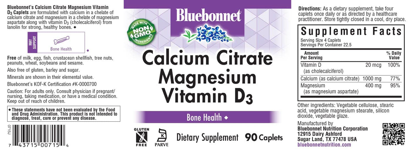 Bluebonnet Calcium Citrate Magnesium Plus Vitamin D3 Caplets – 90 Count Pack of 2
