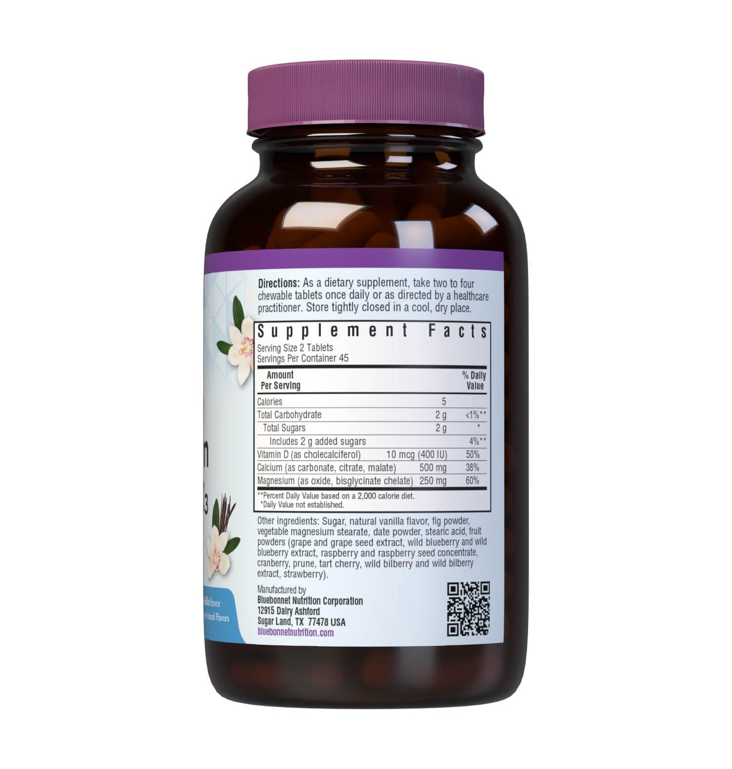 Bluebonnet Nutrition Calcium Magnesium + Vitamin D3 EarthSweet – 90 Vanilla Chewable Tablets