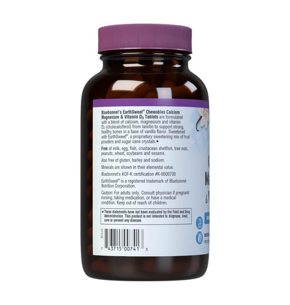 Bluebonnet Nutrition Calcium Magnesium + Vitamin D3 EarthSweet – 90 Vanilla Chewable Tablets