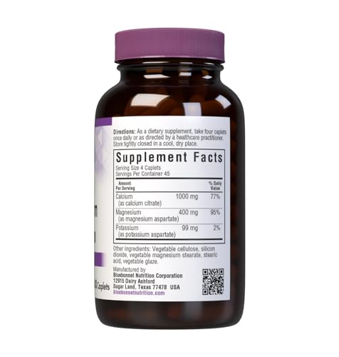 Bluebonnet Calcium Magnesium Potassium - 1000mg Calcium, 400mg Magnesium, 99mg Potassium - Vegan, Non-GMO, Gluten-Free - 180 Caplets