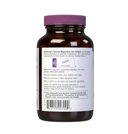 Bluebonnet Calcium Magnesium Zinc + Vitamin D3 Softgels, 60 Softgels, Gluten-Free