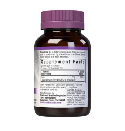 Bluebonnet Nutrition Chelated Iron 18 mg - Non-Constipating Ferrochel Iron, Vegan, Gluten-Free, Soy-Free, Non-GMO - 90 Veg Capsules (90 Servings)