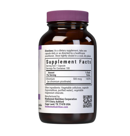 Bluebonnet Nutrition Chromium Picolinate 500 mcg – 100 Vcaps, Non-GMO, Vegan, Kosher