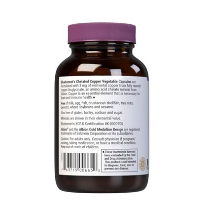 Bluebonnet Albion Chelated Copper 3 mg - Nervous System & Immune Health | 90 Veg Capsules