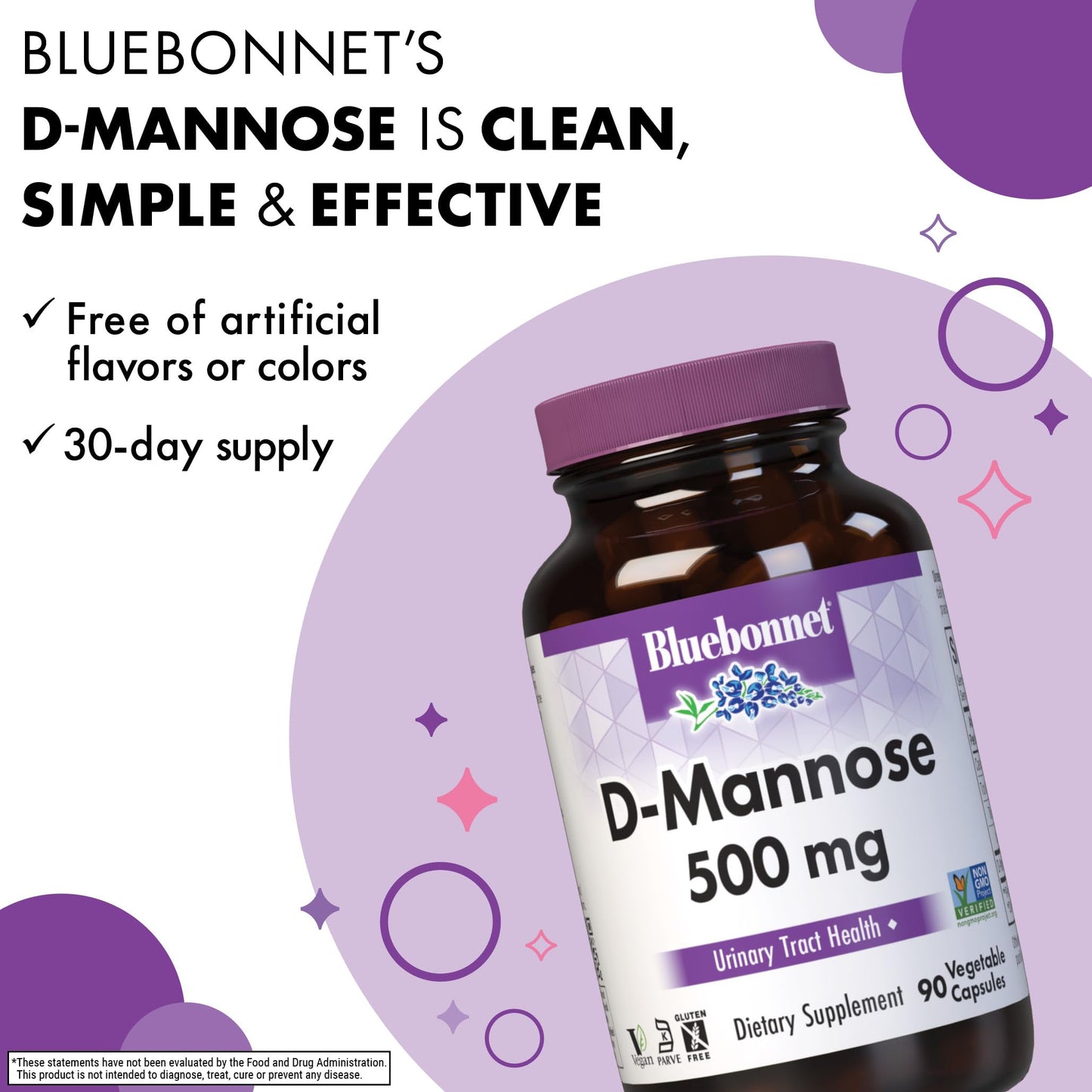 BlueBonnet D-Mannose 500 mg – Urinary Health Support (90 Veg Capsules)