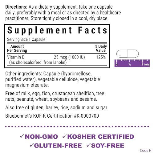 BlueBonnet Vitamin D3 1000 IU (25 mcg) – Strong Bones & Immune Support | 180 Veggie Capsules