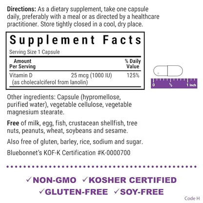 BlueBonnet Vitamin D3 1000 IU (25 mcg) – Strong Bones & Immune Support | 180 Veggie Capsules