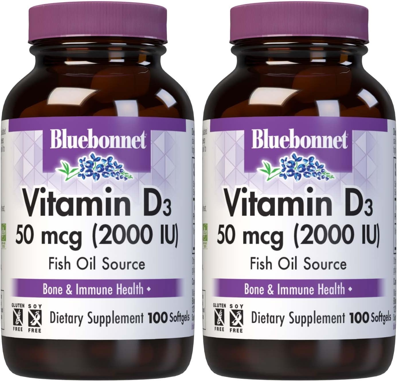 BlueBonnet Vitamin D3 2000 IU Vegetable Capsules – Pack of 2, 100 Count Each