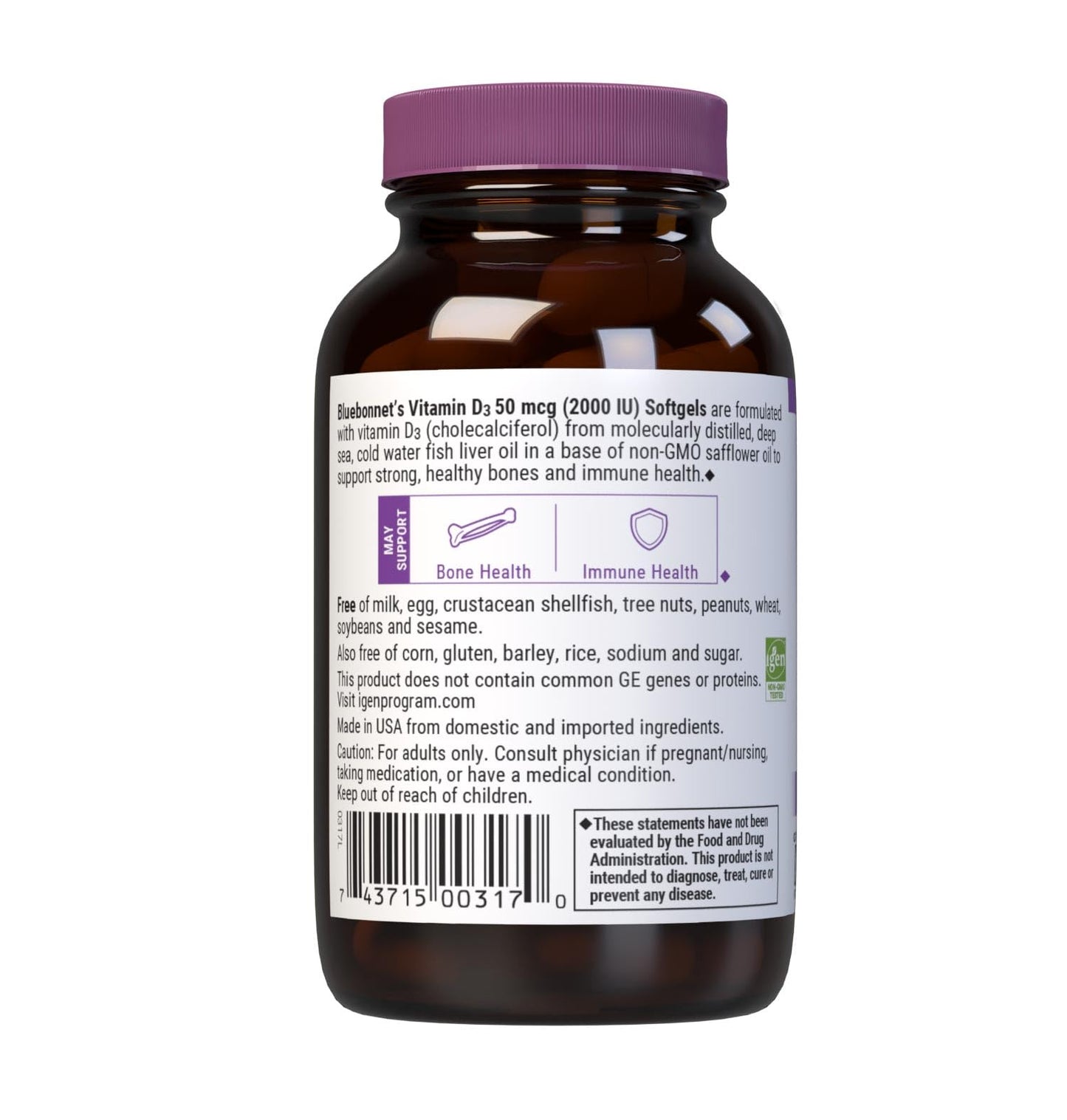 BlueBonnet Vitamin D3 2000 IU Vegetable Capsules – Pack of 2, 100 Count Each