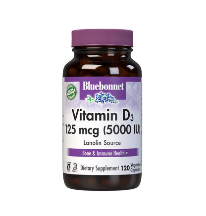 Bluebonnet Vitamin D3 5000 IU (125 mcg) – 120 Veggie Capsules | Strong Bones & Immune Support