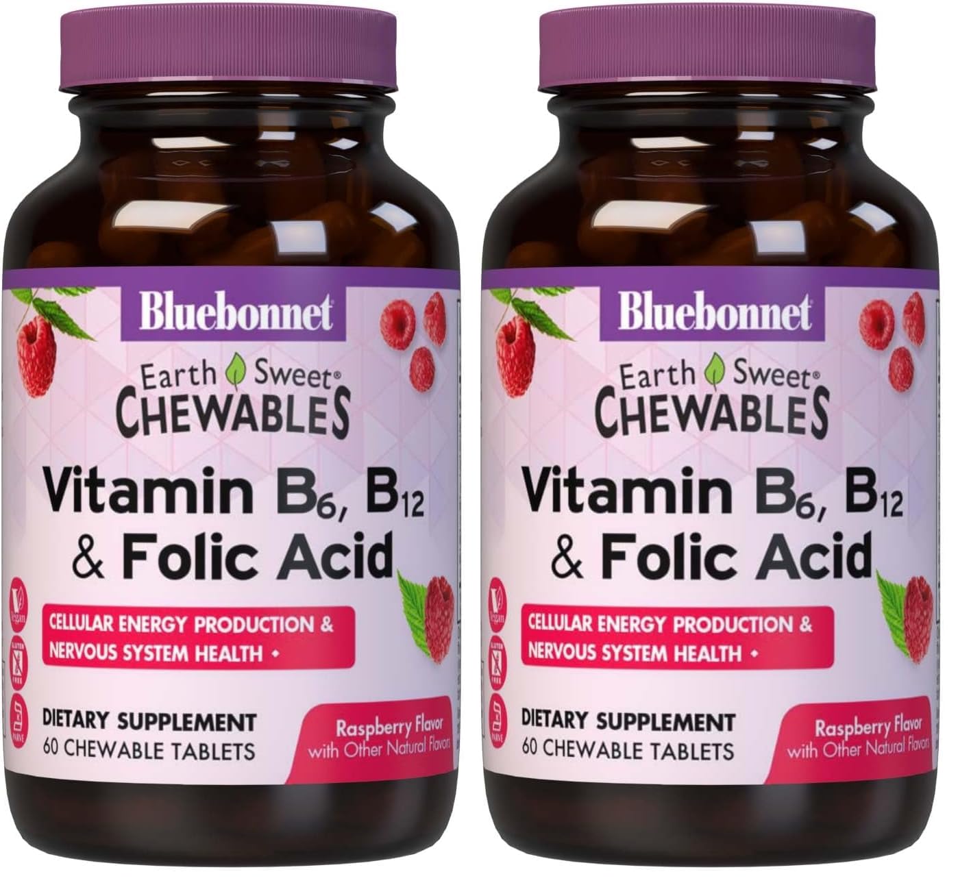 BlueBonnet Nutrition Earth Sweet Vitamin B6, B12 & Folic Acid Chewable – Raspberry – Vegan, Gluten Free – 60 Tablets Pack of 2