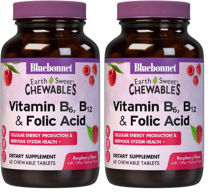 BlueBonnet Nutrition Earth Sweet Vitamin B6, B12 & Folic Acid Chewable – Raspberry – Vegan, Gluten Free – 60 Tablets Pack of 2