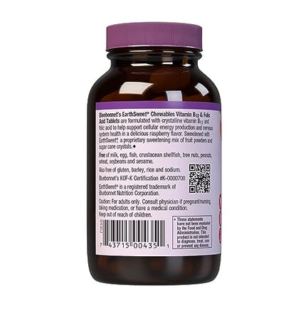 Bluebonnet EarthSweet Vitamin B12 1000 mcg & Folic Acid 400 mcg – Brain Health & Energy for Women & Men – Vegan, Gluten-Free Raspberry, 180 Chewable Tablets