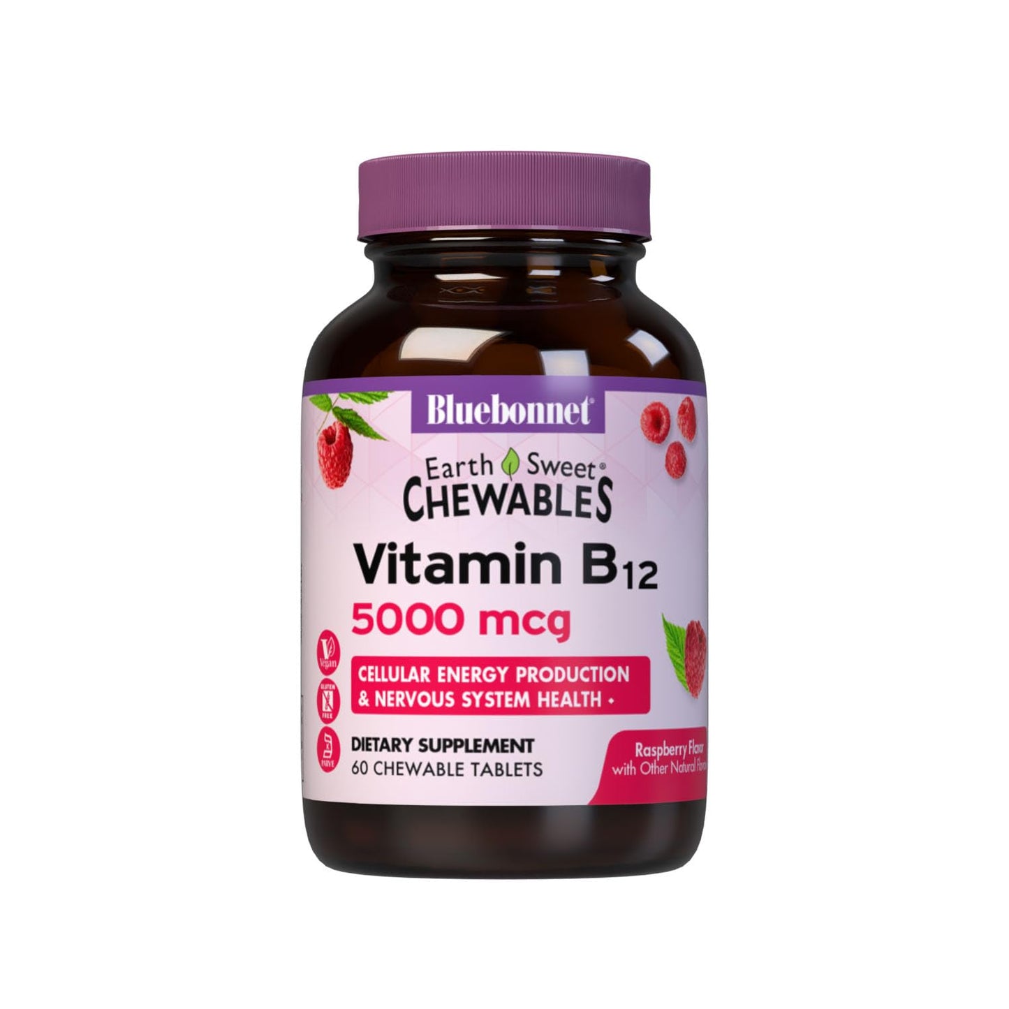 BlueBonnet EarthSweet Vitamin B12 5000 mcg Chewables – Raspberry, Vegan, Gluten-Free, Kosher, Dairy-Free, 60 Servings