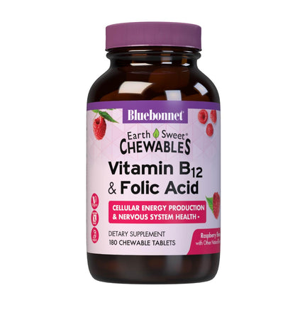 Bluebonnet EarthSweet Vitamin B12 1000 mcg & Folic Acid 400 mcg – Brain Health & Energy for Women & Men – Vegan, Gluten-Free Raspberry, 180 Chewable Tablets