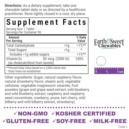 Bluebonnet Nutrition EarthSweet Vitamin D3 2000 IU Raspberry Chewable Tablets – Non-GMO, Gluten-Free, Kosher